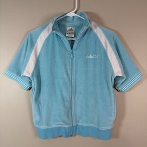 Adidas Y2K Velour Short Sleeve Track Jacket Blue White Stripe Pocket Activewear